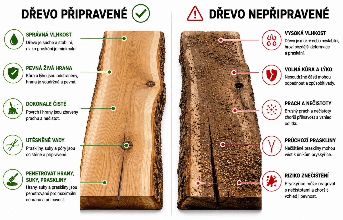 Srovnání připraveného a nepřipraveného dřeva před litím epoxidu
